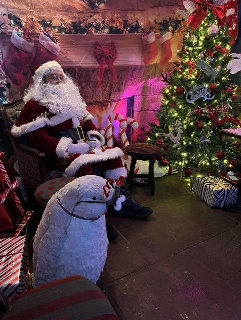 Santa in his chair by the Christmas tree at the White Crow